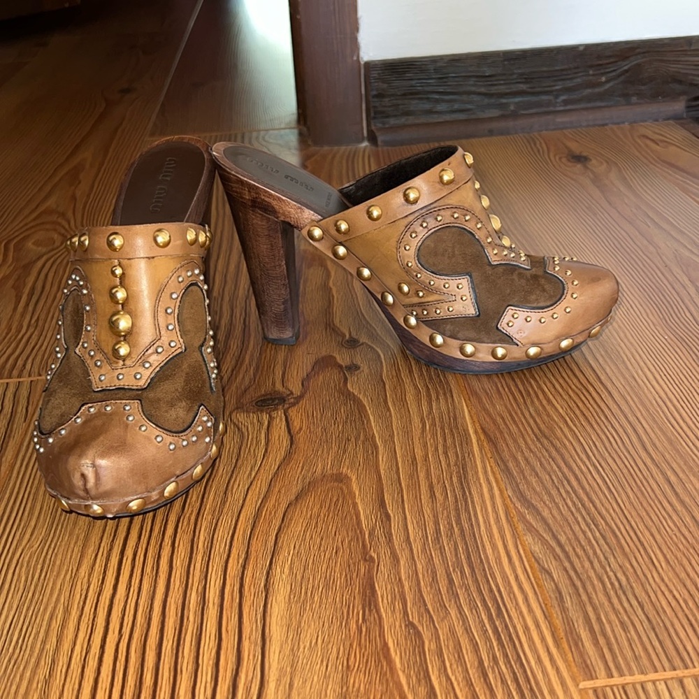 Brown and Gold Miu Miu Heeled Clogs